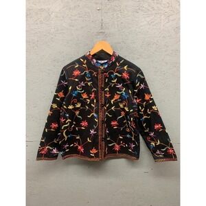 BFA Women's Classics Jacket Black Floral Embroidered Button Front Cotton India M